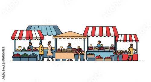 Outdoor Market Stalls with People Shopping.