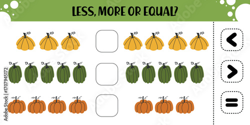 Educational worksheet for kids featuring pumpkins in three colors to practice counting and comparing quantities using less than, greater than, or equal to symbols