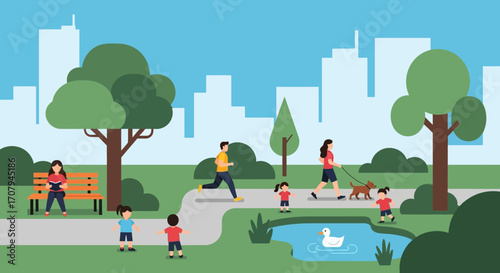 People enjoying a sunny day in a city park with a pond and trees.