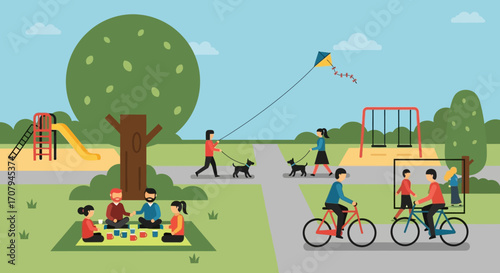 People enjoying a sunny day in a park with various activities.