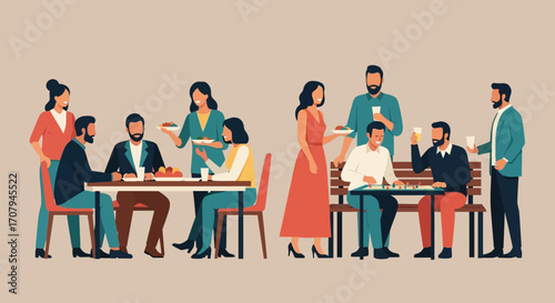 People enjoying coffee and conversation at cafe.