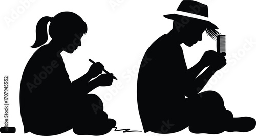 Silhouette of a Child Drawing and an Individual Playing Musical Instrument, Creative Art and Leisure Concept, Inspirational, Fun, and Relaxing Moments