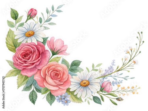 Delicate watercolor floral garland featuring pink roses and white daisies for romantic designs isolated on white background
