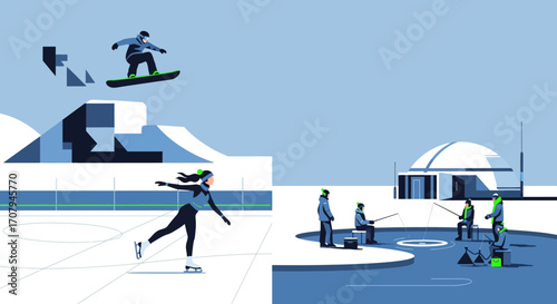 People enjoying winter and summer sports activities together.