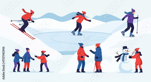 People enjoying winter activities ice skating skiing snowman.