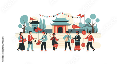 People in traditional Chinese attire celebrating a cultural festival.