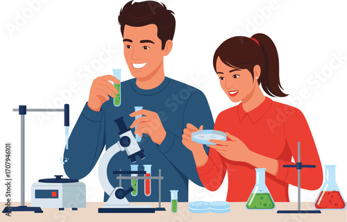 Young man and woman scientists conducting chemistry experiments in laboratory, using microscope, test tubes, petri dishes,
