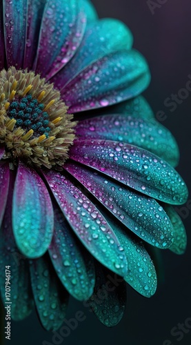 Close-up of a vibrant flower with teal and purple petals, adorned with water droplets, against a dark background.  The image showcases detailed texture and color gradation