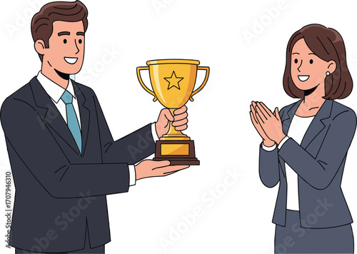 Business achievement celebration, professional award ceremony, corporate success, employee recognition, teamwork appreciation, businesspeople applauding, trophy presentation, office success, career 