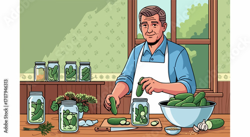 Canning pickles process with smiling man filling canning jars, preparing homemade pickles. Canning pickles concept shows man filling glass jar from bowl of cucumbers.