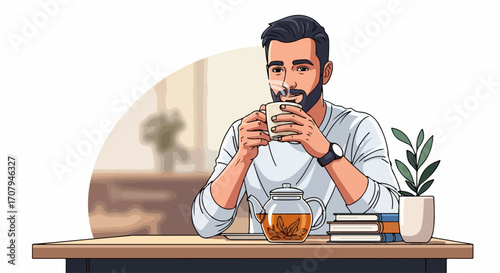 Man drinking tea and enjoying beverage, sitting at desk with books and teapot. Man drinking tea slowly in cozy room with natural light. Concept man drinking tea for a quiet moment in office,