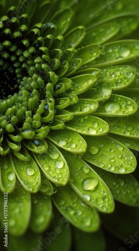 Close-up of a vibrant green flower with numerous petals, each adorned with glistening water droplets, revealing intricate details and textures