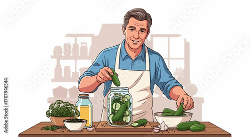 Preparing homemade pickles with fresh cucumbers in jar, man at table. Homemade pickles are summer snack made of juicy green cucumbers.