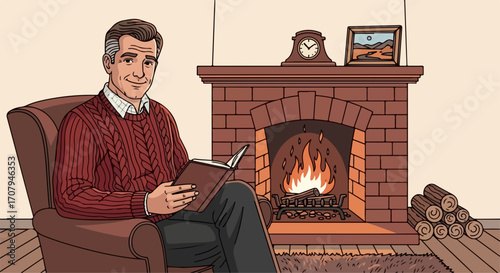 Illustrated scene shows man reading, sitting comfortably by fireplace. Cozy fireplace radiates warmth as man reads book in his armchair.