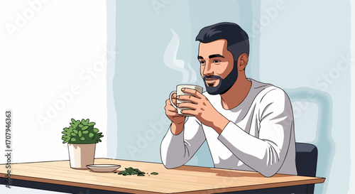 Man drinking tea at wooden table, enjoying warmth of hot beverage. Man drinking tea and reflecting, enjoying quiet moment with beverage steaming from mug.