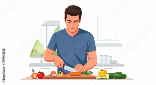 Cooking man preparing healthy lunch with knife slicing carrot. Cooking man in kitchen with different ingredients. Cooking man for food blog, recipe illustration or meal prep guide.
