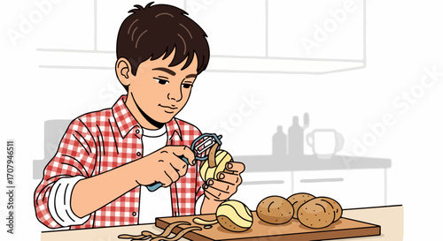 Boy peeling potatoes at kitchen counter for family meal preparation, boy peeling potatoes, handling vegetable peeler. Potatoes peeling for cooking in family.