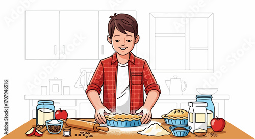 Apple pie preparation with smiling young man in kitchen, pie baking and enjoyment. Apple pie recipe includes ingredients and baked goods laid on counter.