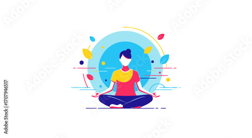 Person meditating in lotus position with colorful aura and leaves.