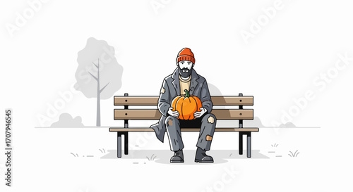 Depressed man sitting on bench holding pumpkin evoking the somber mood of fall. Lonely man with pumpkin is sadly sitting on park bench, dressed in ragged clothes, expressing the autumn blues.