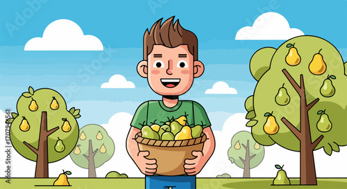 Smiling boy with pears harvest holding wicker basket full of fresh organic pears. Fresh pears collected by young farmer after pear harvest in orchard.