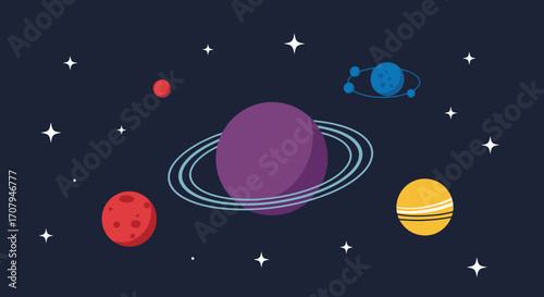 Planetary system illustration with rings and celestial bodies floating in space.