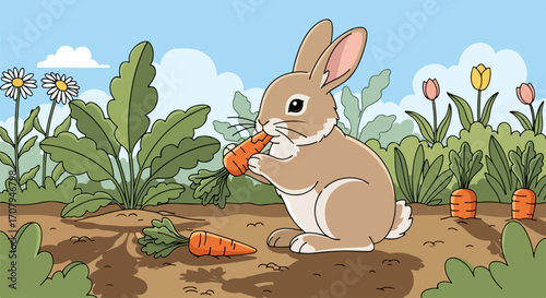 Rabbit eating carrot in garden with green plants and blue sky behind it. This Rabbit scene shows rabbit biting big orange vegetable. Depicts Rabbit eating carrot in nature, ideal for kids content.