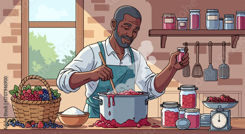 Man making jam at home with berries and sugar in kitchen. Jam making process involves cooking down fresh berries and sugar for canning.