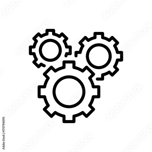 A simple outline style icon featuring a technical gear system. Represents configuration, process, or general settings. Great for use in user interfaces