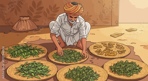 Depiction of farming setup, man preparing crop, with leaves spread on mats. Farming illustration displays agricultural labor, with dried herbs prepared by farmer on straw mats.