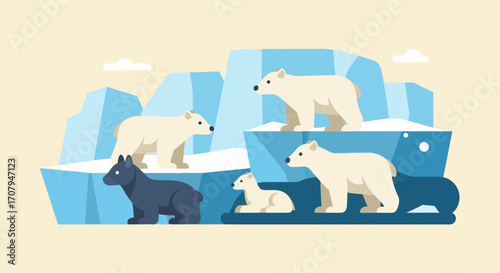 Polar bears and a black wolf on icebergs in a flat illustration style.