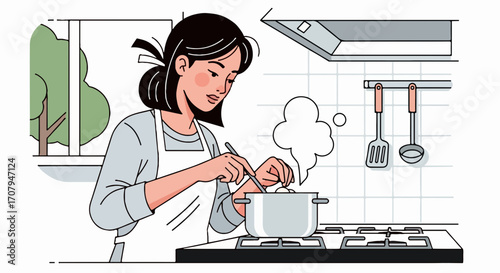 Woman cooking at home, preparing a meal in domestic kitchen, home cooking is an everyday activity. Woman is stirring food with wooden spoon while home cooking near gas stove,