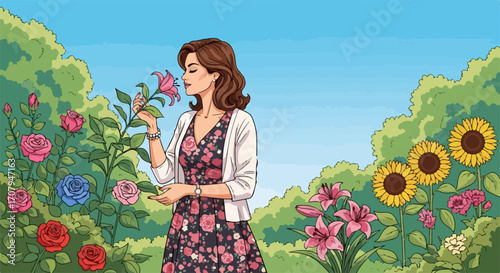 Woman smelling flower in garden filled with roses, sunflowers, and lilies enjoying fresh air. Smelling flower, lady savors gentle scents among colorful blooms in lovely garden.