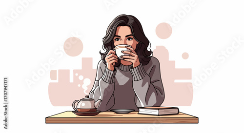 Relaxing with tea features young woman holding cup, drinking hot beverage at home. Relaxing with tea offers cozy moment, book on table, soft sweater and steaming pot.