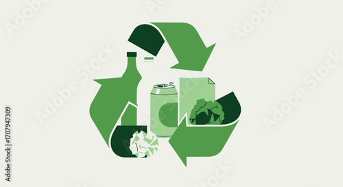 Recycling symbol with glass bottle, can, and paper.