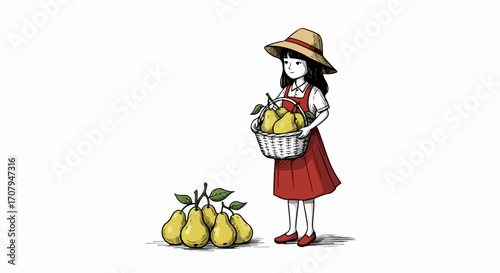 Girl with pears in basket, illustration of young girl with a basket full of fresh pears stands near fruit pile. This illustration shows girl wearing sun hat in harvest season.