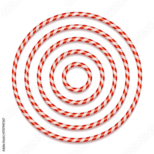 Christmas candy cane circle frames set with red and white striped. Xmas border with striped candy lollipops pattern. Sweet Christmas and new year template. 3d Vector illustrations isolated.