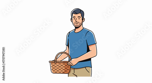 Man holding basket, isolated on white, ready to go to market. Holding basket, man smiles with anticipation for shopping for fruits and vegetables.