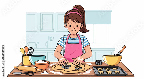 Young girl baking cookies, shaping dough in kitchen, preparing holiday treats with cookie cutters. Girl baking at home, creating sweets, making holiday treats for family and friends, is festive.