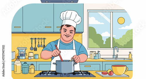 A chef cooking in kitchen mixing food with a spatula in a pan, chef cooking, surrounded by cooking utensils. Professional chef cooking, preparing food with passion in bright and neat kitchen.