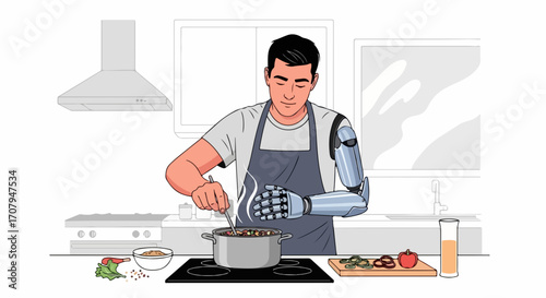 Robotic arm stirring ingredients for a delicious meal. This robotic arm prepares a hearty dish in pot while adding spices.