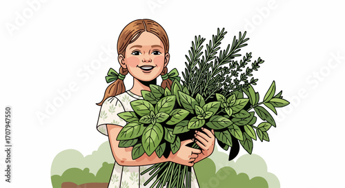 Cute girl with herbs in her arms, enjoying fragrant rosemary, basil, and thyme, holding bunch of herbs. Charming kid smelling herbs.