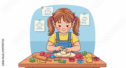 Child playing with modeling clay, crafting colorful figures and shapes at home. Playing with modeling clay encourages creativity and imagination in early childhood development.