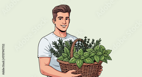 Man with herbs, holding basket of fresh organic herbs, smiling in illustration style. Man with herbs shows his herb harvest, a selection of culinary herbs for delicious and healthy recipes.