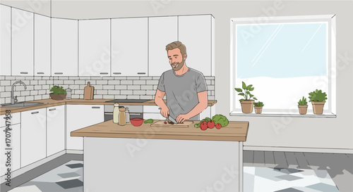 Man cooking food preparing a meal in bright modern kitchen, preparing food with fresh vegetables for lunch. Person cooking food chopping vegetables,
