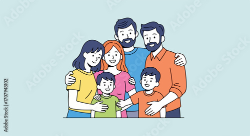 Big family portrait featuring two sets of parents with children, smiling and hugging. Big family portrait shows two moms, two dads, and two kids demonstrating love and unity.