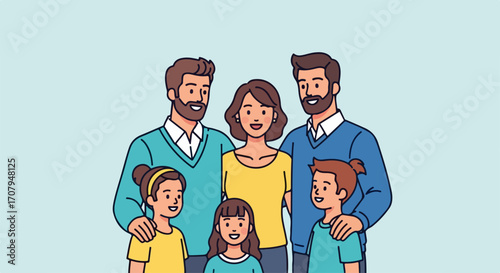 Family portrait showing diverse family group with children with parents smiling in light blue background. Diverse family portrait represents modern family with loving relationship for family values.