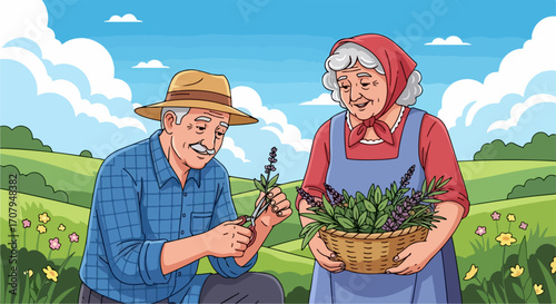 Picking lavender together in summer sunshine, an elderly couple enjoys their time gathering fragrant herbs. Enjoy picking lavender together in countryside, they share smiles and memories.