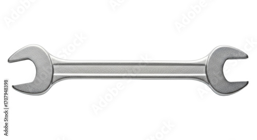 Isolated Silver-Colored Open-End Wrench for Car Repair, Maintenance, Tightening Bolts