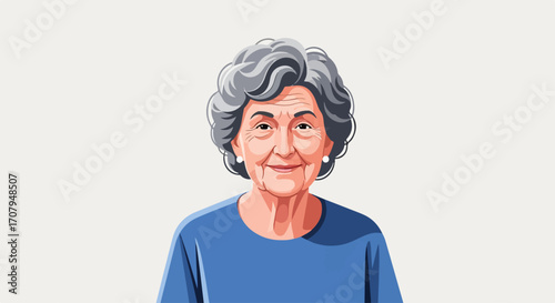 Smiling senior woman with curly gray hair in a close up portrait, looking directly at camera. Smiling senior woman represents comfort and wisdom, embodying grace and dignity in her expression.